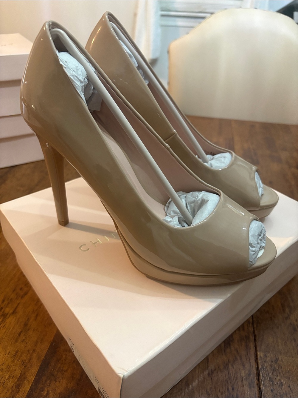 Chinese Laundry Beige Patent Peep-Toe Stiletto Heels